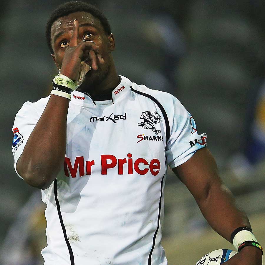 The Sharks' Lwazi Mvovo celebrates a try against the Highlanders