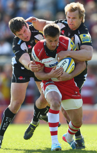 Gloucester's Henry Trinder is shackled by the Exeter defence, Exeter Chiefs v Gloucester, Sandy Park, Exeter, May 4, 2013
