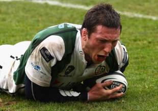 London Irish flanker Declan Danaher scores a try against Newcastle in the Premiership, April 13 2008