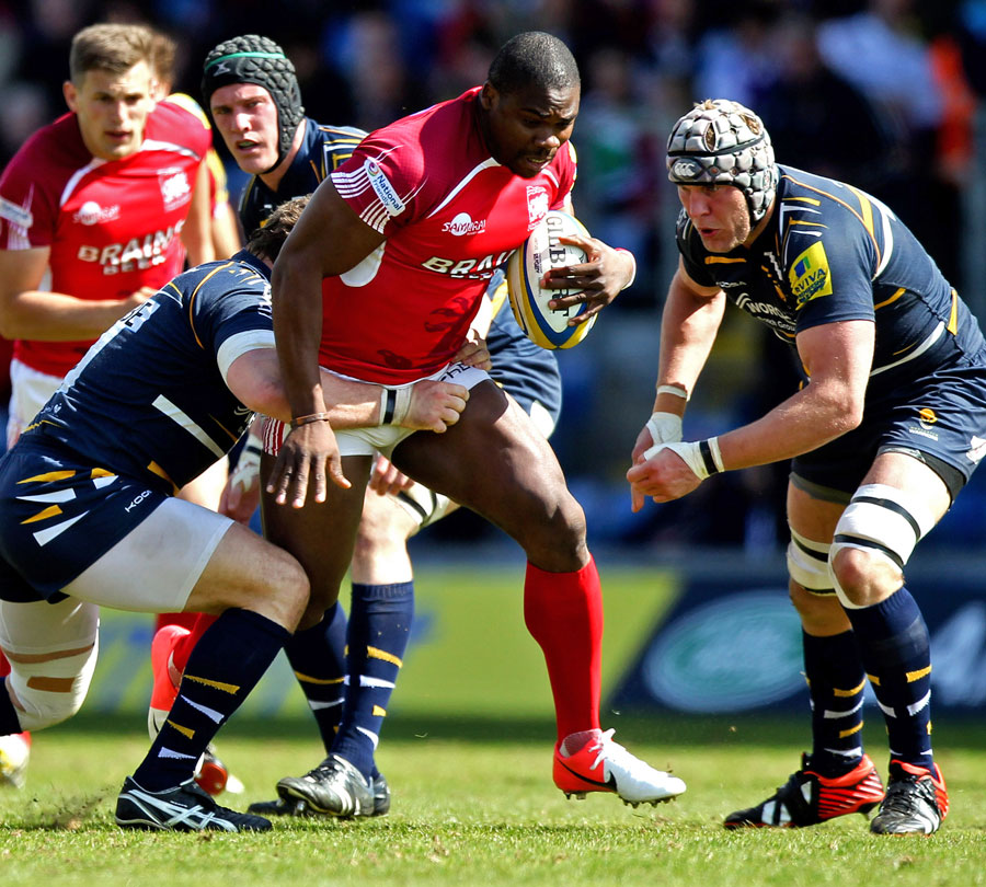 London Welsh's Joe Ajuwa picks a gap in the Worcester defence