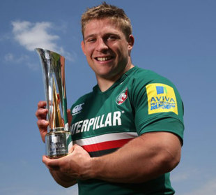 Leicester's Tom Youngs poses with the Premiership Player of the Season award, May 9, 2013