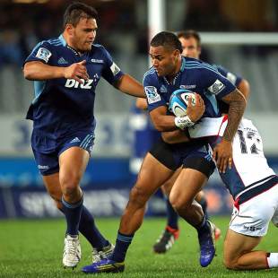 The Blues' Frank Halai runs through the Rebels' Lachlan Mitchell, Blues v Melbourne Rebels, Super Rugby, Eden Park, Auckland, May 11, 2013