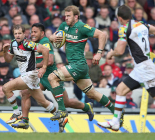 Leicester's Tom Croft races away to score a try, Leicester Tigers v Harlequins, Aviva Premiership semi-final, Welford Road, Leicester, May 11, 2013