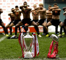 New Zealand perform a haka in front of the HSBC Sevens Series and London 7s silverware
