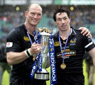 Wasps' Lawrence Dallaglio and Tom Voyce pose with the Anglo-Welsh Cup silverware, London Wasps v Llanelli Scarlets, Anglo-Welsh Cup final, Twickenham, April 9, 2006
