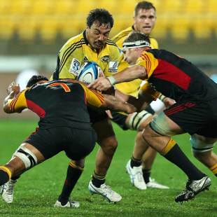Ash Dixon of the Hurricanes is tackled, Hurricanes v Chiefs, Super Rugby, Westpac Stadium, Wellington, May 17, 2013
