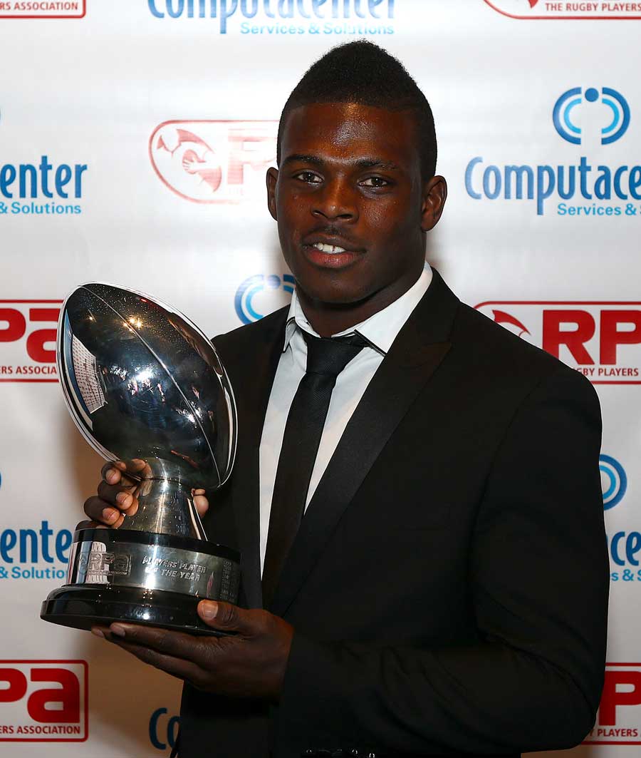 Christian Wade shows off the Rugby Players' Association's Player of the Year award