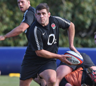 Hooker Rob Webber looks to move the ball in training, England training session, Pennyhill Park, Bagshot, England, February 15, 2012