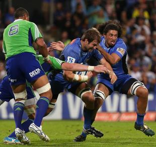 Ben McCalman of the Force is urged to push forward by team-mate Sam Wykes, Super Rugby, Round 15, Western Force v Highlanders, nib Stadium, Perth, May 25, 2013