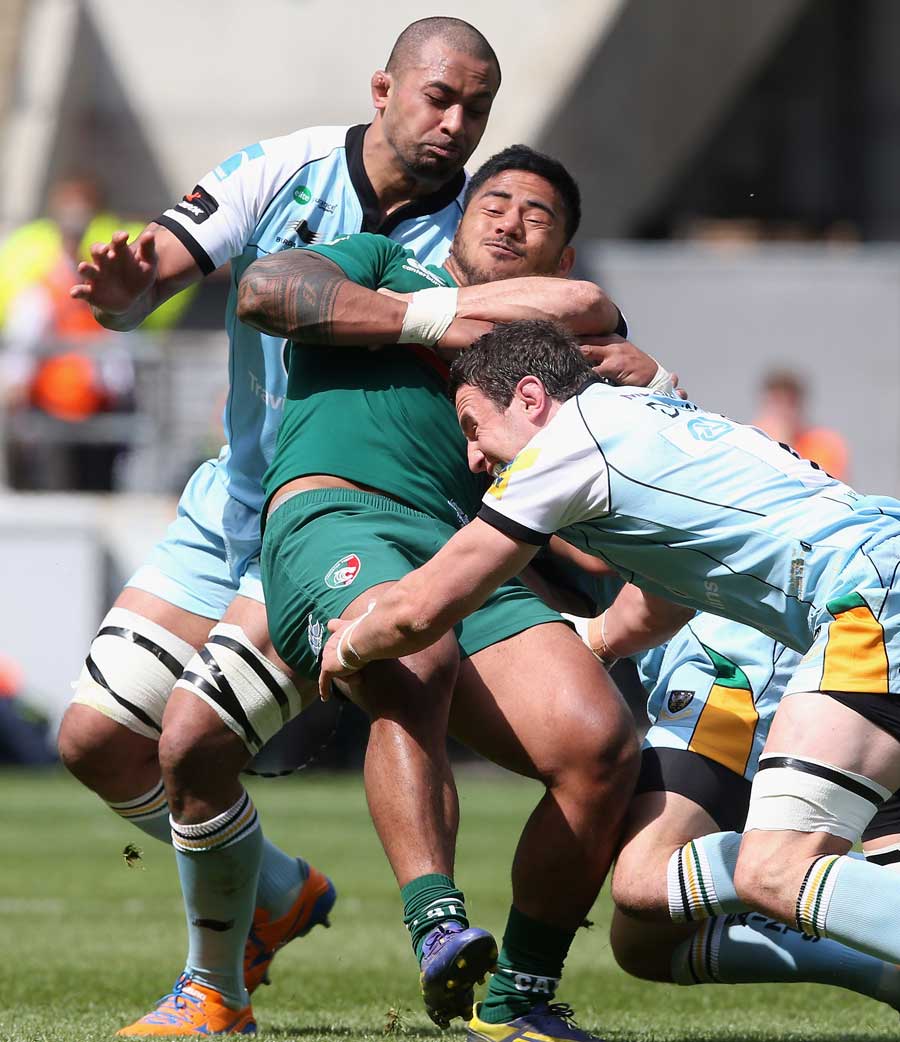 Leicester's Manu Tuilagi finds it hard going against Northampton