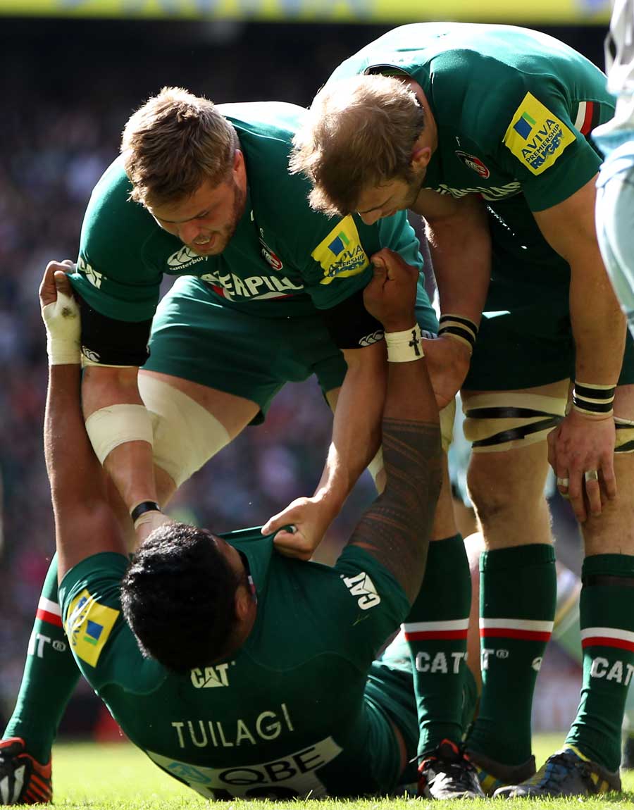 Leicester's Manu Tuilagi is congratulated on his try