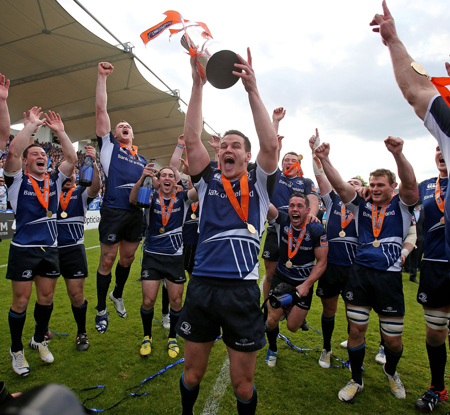 Leinster's Jonathan Sexton celebrates with the trophy