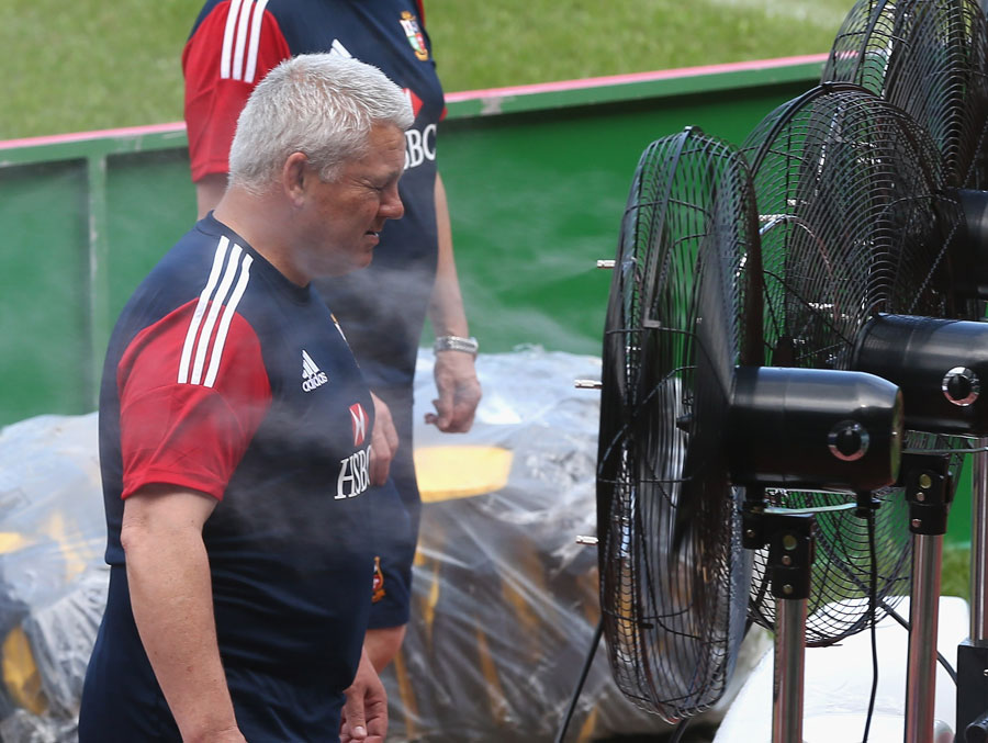 Warren Gatland feels the heat during the first Lions training session