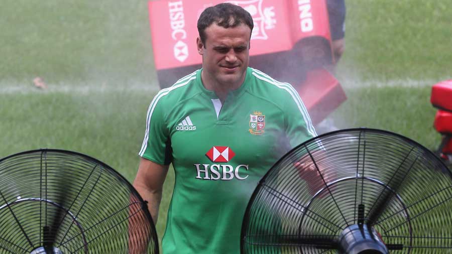  Jamie Roberts feels the heat during the first Lions training session
