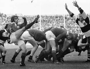 The Lions' Doug Morgan clears under pressure from Jean Pierre Rives, British Lions v Barbarians, Twickenham, September 10, 1977