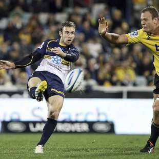 The Brumbies' Nic White clears the ball against the Hurricanes, Brumbies v Hurricanes, Super Rugby, Canberra Stadium, May 31, 2013