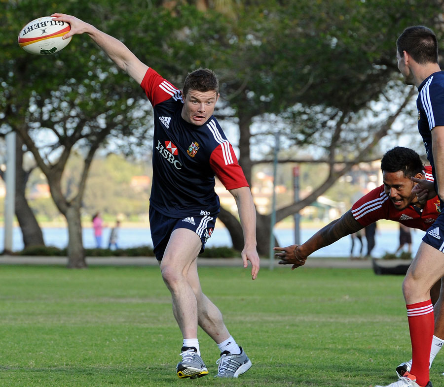 Acrobatics from Brian O'Driscoll during a  Lions training session in Perth