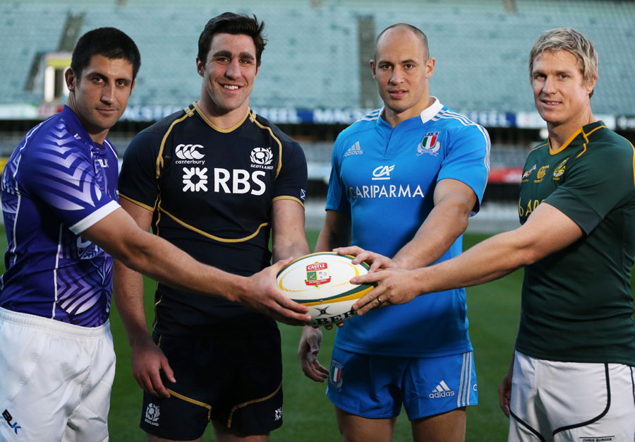 The four captains - Paul Williams (Samoa), Kelly Brown (Scotland), Sergio Parisse (Italy), and Jean de Villiers (South Africa) strike a pose
