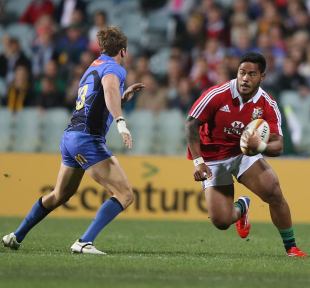 Manu Tuilagi makes an early charge for the Lions, Western Force v British & Irish Lions, Patersons Stadium, Perth, June 5, 2013