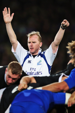 Referee Wayne Barnes gives a scrum penalty, New Zealand v France, Gallaher Cup, Eden Park, Auckland, June 8, 2013