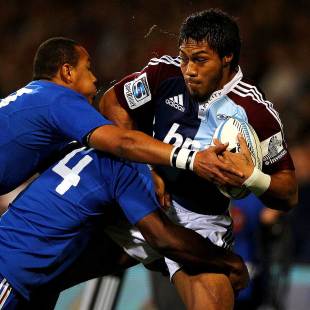 The Blues' George Moala is tackled by France's Gael Fickou and Seru Nakaitaci, Blues v France, Tour Match, North Harbour Stadium, Auckland, June 11, 2013