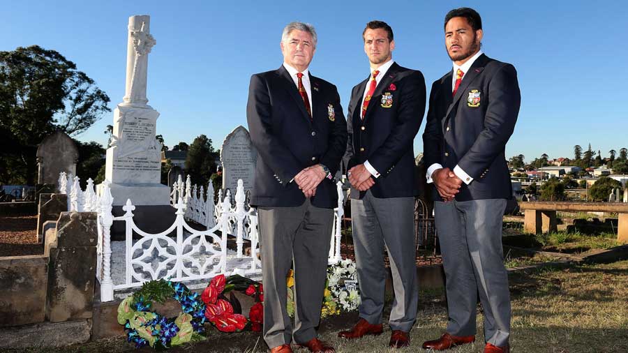 Andy Irvine. Sam Warburton and Manu Tuilagi stand alongside Robert Seddon's grave