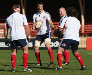 Sam Warburton passes the ball during the British and Irish Lions training session, North Sydney Oval, June 13, 2013