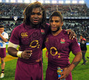 England's Marland Yarde and Kyle Eastmond celebrate their win