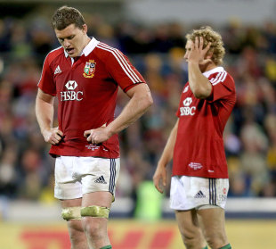 The Lions' Ian Evans and Billy Twelvetrees pictured during this defeat to the Brumbies, Brumbies v British & Irish Lions, Canberra Stadium, June 18, 2013