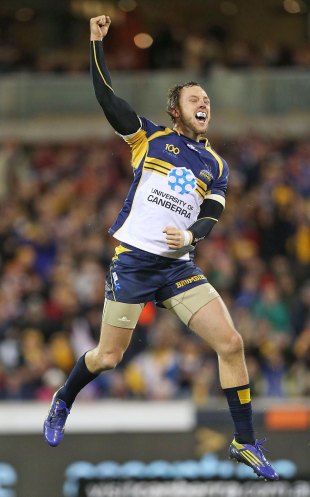 The Brumbies' Jesse Mogg celebrates his side's victory over the Lions, Brumbies v British & Irish Lions, Canberra Stadium, June 18, 2013