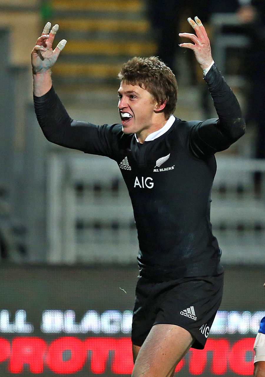 New Zealand's Beauden Barrett celebrates his try against France