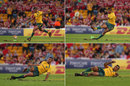 Australia's Kurtley Beale slips as he attempts to kick a penalty