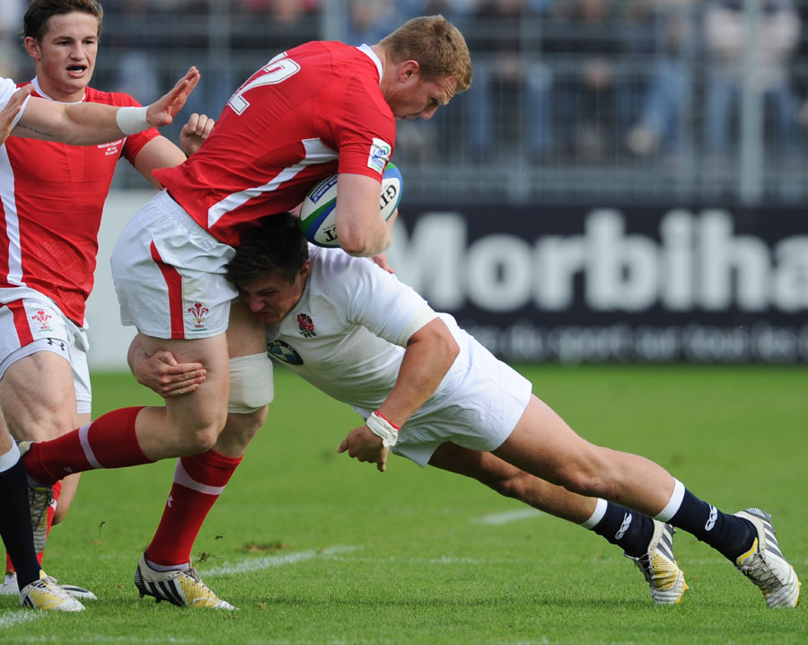 England Under-20s' Harry Sloan puts in a big hit on Wales' Jack Dixon