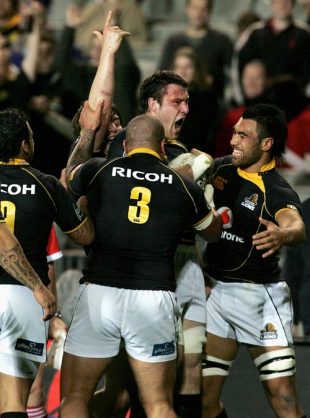 Jeremy Thrush of Wellington is congratulated by team mates after scoring a try during the Air New Zealand Cup match between Auckland and Wellington at Eden Park on September 20, 2008 in Auckland, New Zealand. 
