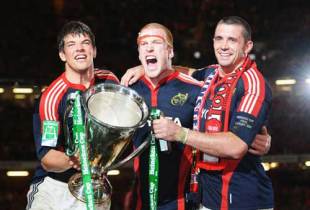 Munster forwards Paul O'Connell, Alan Quinlan and Donncha O'Callaghan celebrate with their second Heineken Cup, Munster v Toulouse, Heineken Cup, Millennium Stadium, May 24 2008.