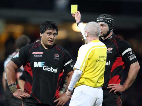 Saracens' Cencus Johnston is shown the yellow card