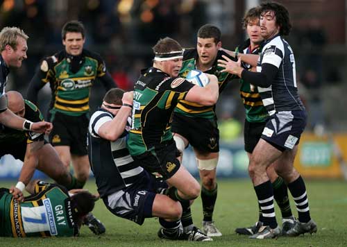 Northampton's Dylan Hartley pushes threw the Bristol defence 