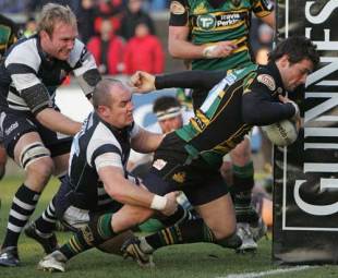 Northampton's Ben Foden scores a try in his side's European Challenge Cup match with Bristol at the Memorial Ground in Bristol, England on December 14, 2008. 