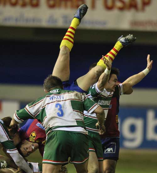 Perpignan's Dan Carter is upended by Leicester's Harry Ellis
