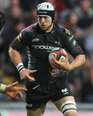 Ospreys captain Ryan Jones runs with the ball during the Anglo-Welsh Cup match against Worcester Warriors at the Liberty Stadium in Swansea, Wales on October 26, 2008. 