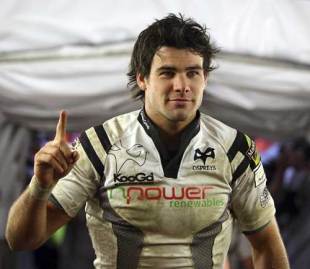 Ospreys and Wales scrum-half Mike Phillips celebrates after the Ospreys Anglso-Welsh Cup semi-final win over Saracens, March 22 2008