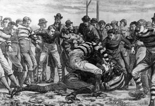 An illustration of a rugby match entitled Football: A Maul In Goal, published in 1881