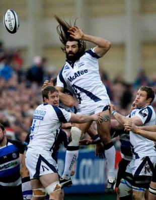 Sale lock Sebastien Chabal rises for the ball in a lineout during a full-blooded contest against Bath at the Recreation Ground, December 20 2008