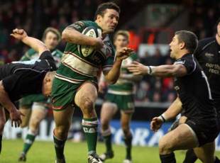Leicester centre Aaron Mauger bursts through to score against Newcastle at Welford Road, December 20 2008