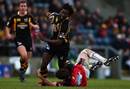 Wasps try-scorer Paul Sackey stretches the Saracens defence