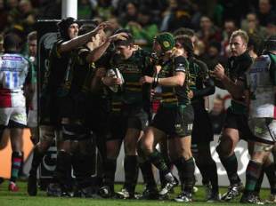 James Downey is congratulated after scoring Northampton's winning try against Harlequins at Franklin's Gardens, December 20 2008