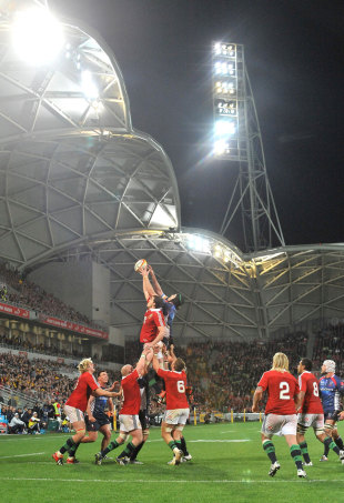 The Rebels and the Lions contrest a lineout, Melbourne Rebels v British & Irish Lions, AAMI Park, Melbourne, June 25, 2013