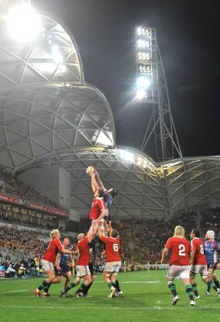 The Lions' Ian Evans plucks a lineout from under the floodlights, Melbourne Rebels v British & Irish Lions, AAMI Park, Melbourne, June 25, 2013