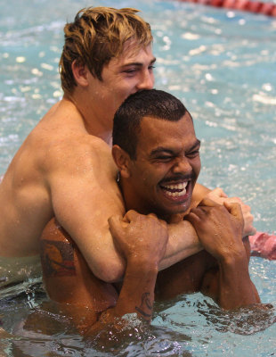 James O'Connor wrestles with Kurtley Beale during an Australia recovery session, Auckland, September 12, 2011