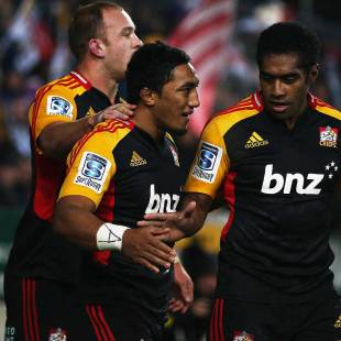 Bundee Aki of the Chiefs celebrates after scoring a try, Chiefs v Hurricanes, Super Rugby, Waikato Stadium, Hamilton, June 28, 2013